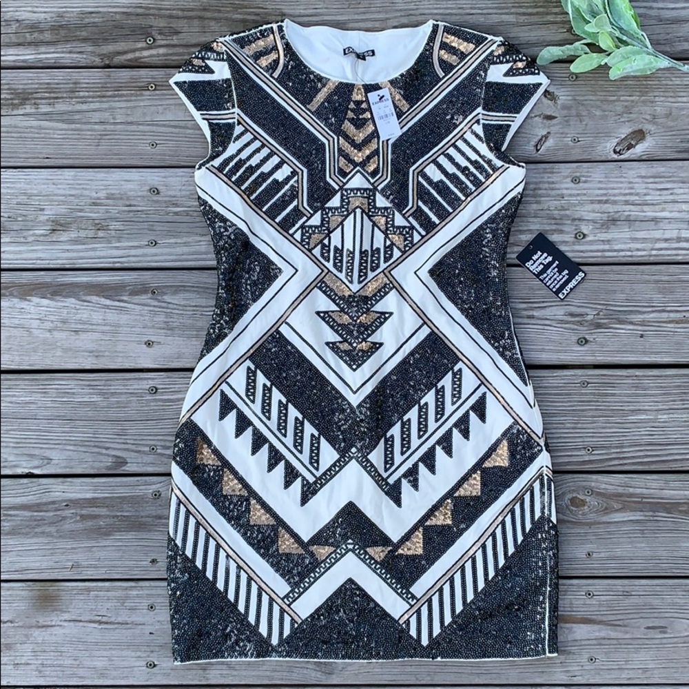 Express Sequined Aztec Print Sheath Dress